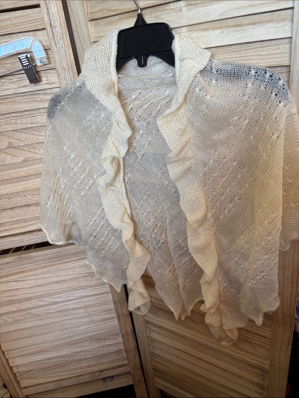 Light Cream Ruffle Open Knit Shawl